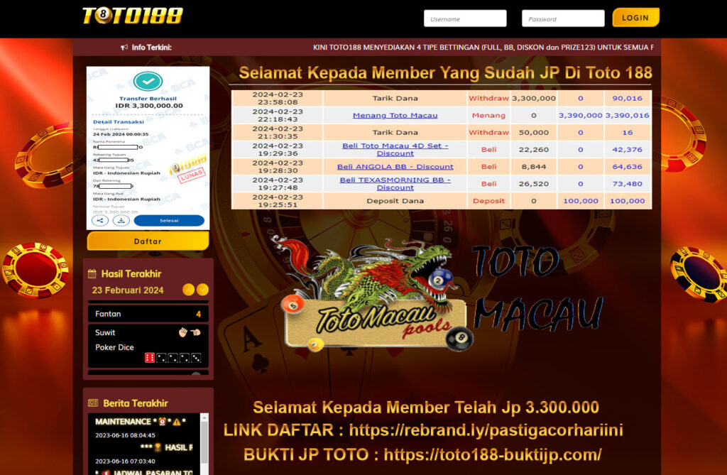 Bukti Jp Kemenangan Toto188 Toto Macau 24 februari 2024