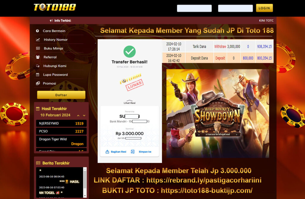 Bukti Jp Kemenangan Toto188 Wild Bounty Showdown 10 Februari 2024