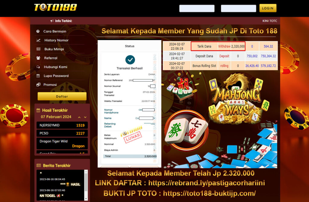 Bukti Jp Kemenangan Toto188 07 februari 2024