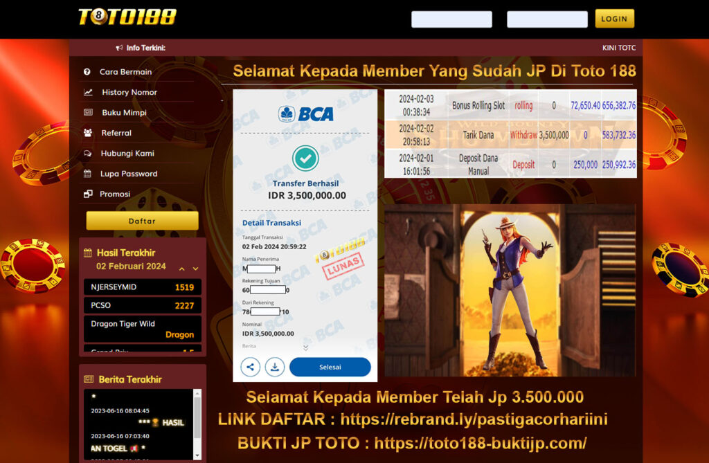 Bukti Jp Kemenangan Toto188 02 Februari 2024