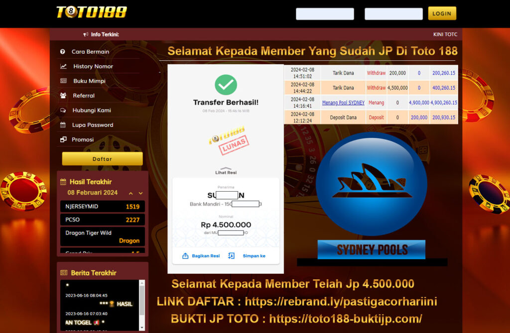 Bukti Kemenangan Toto188 08februari2024 sydney pools