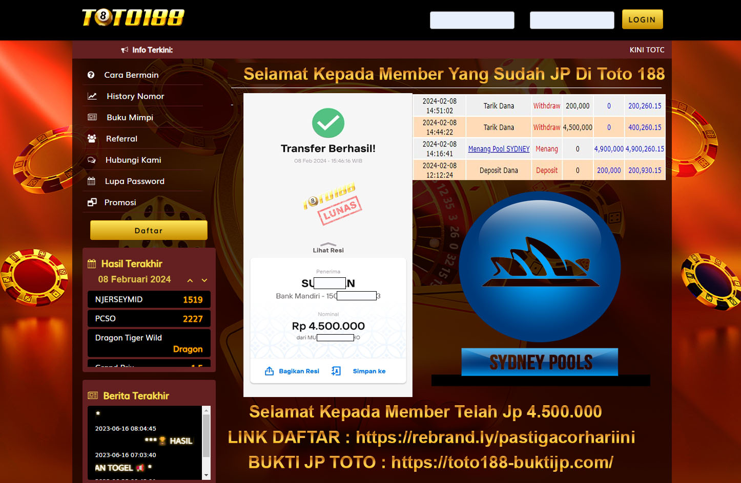 Bukti Kemenangan Toto188 08februari2024 sydney pools