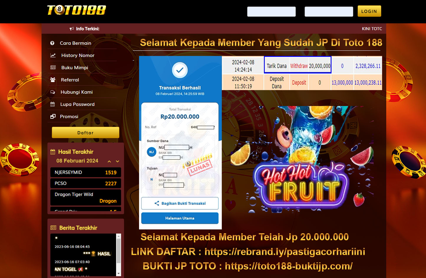 Bukti Jp kemenangan Toto188 08Februari2024 Hot Hot Fruit