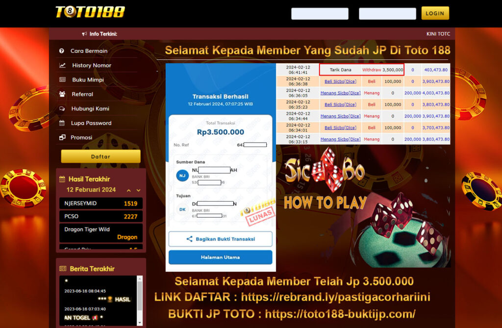 Bukti Jp Kemenangan Toto188 12 Februari 2024