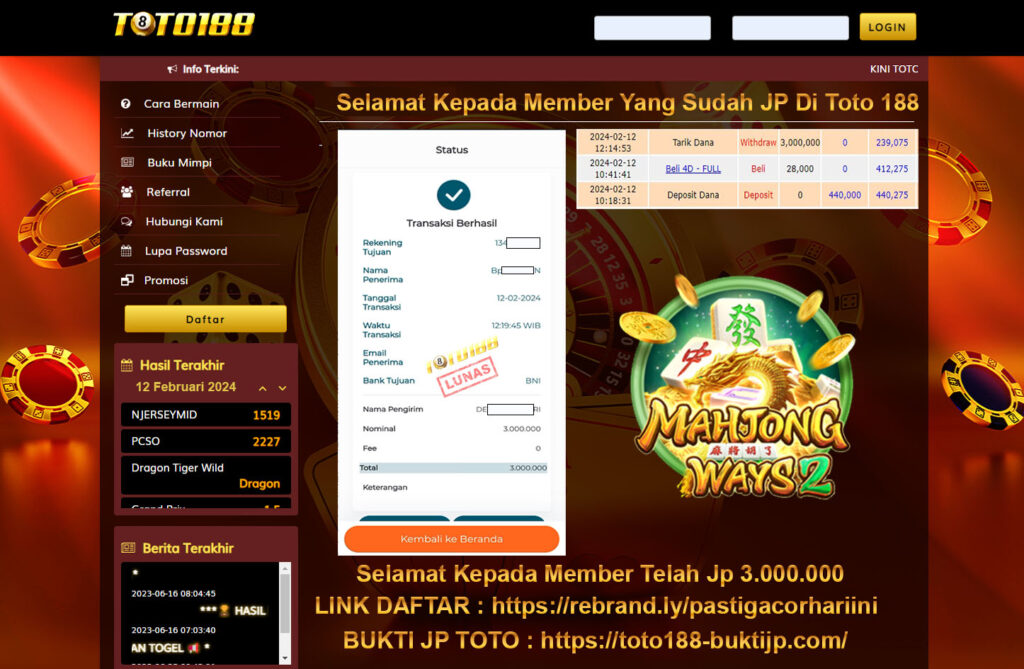 Bukti Jp Kemenangan Toto188 Mahjong Ways2 12Februari2024