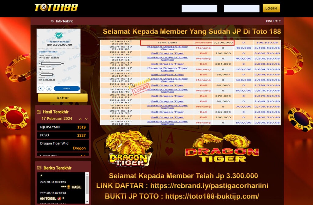 Bukti Jp Kemenangan Toto188 17 Februari 2024
