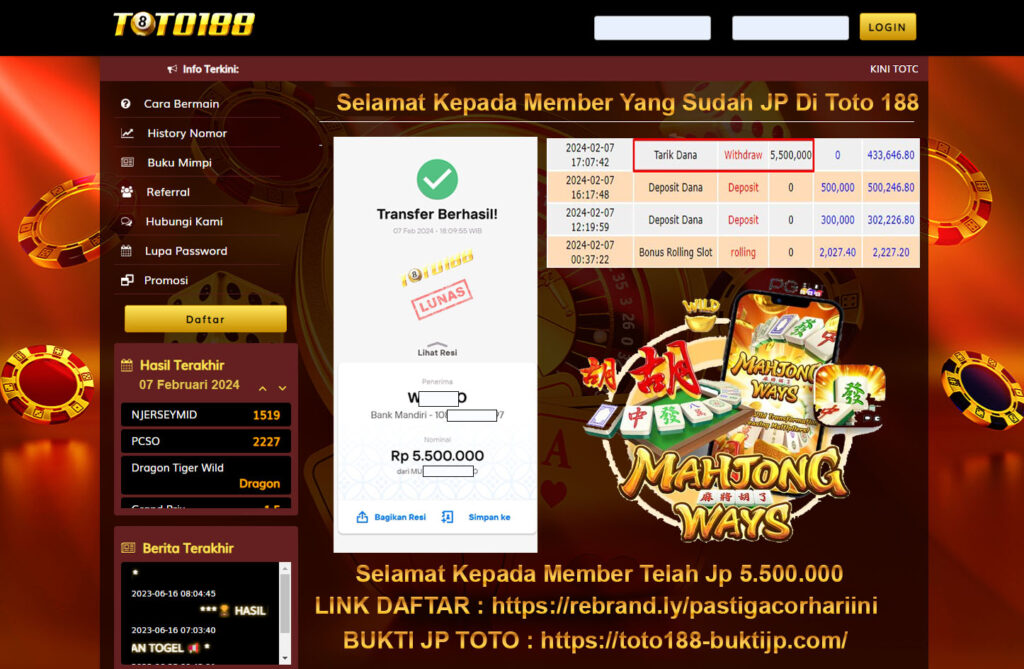 Bukti Jp Kemenangan Toto188 7 Februari 2024