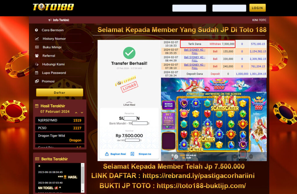 Bukti Jp Kemenangan Toto188 07 Februari 2024