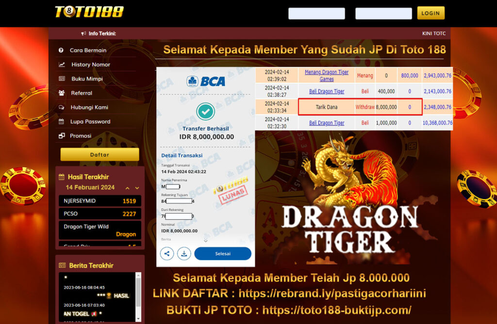 bukti jp toto188 dragon tiger 14februari 2024