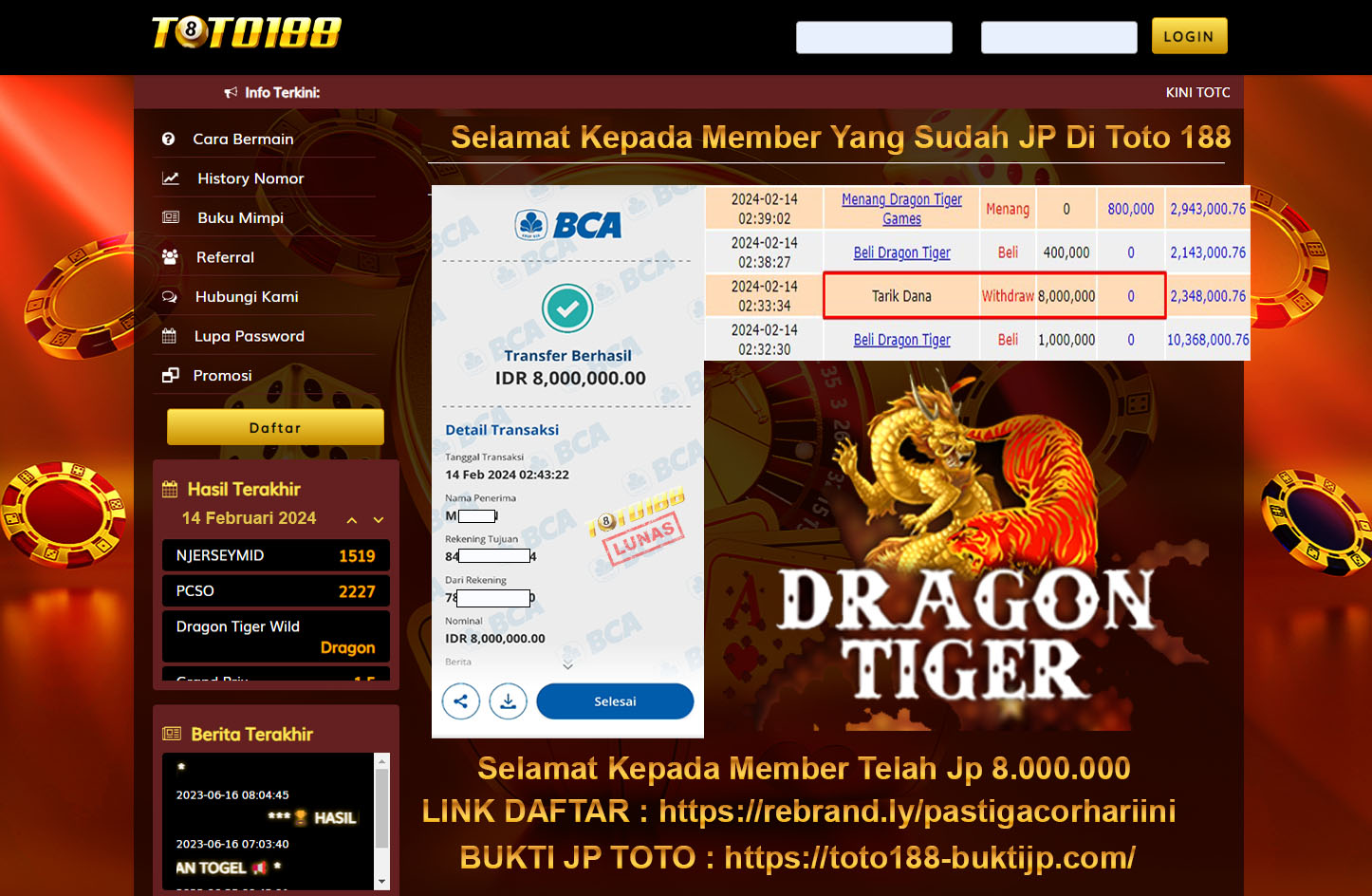 bukti jp toto188 dragon tiger 14februari 2024