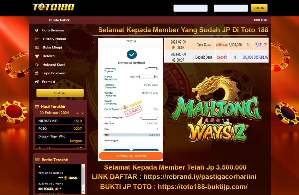 Bukti Jp Kemenangan Toto188 Mahjong Ways 09 Februari 2024