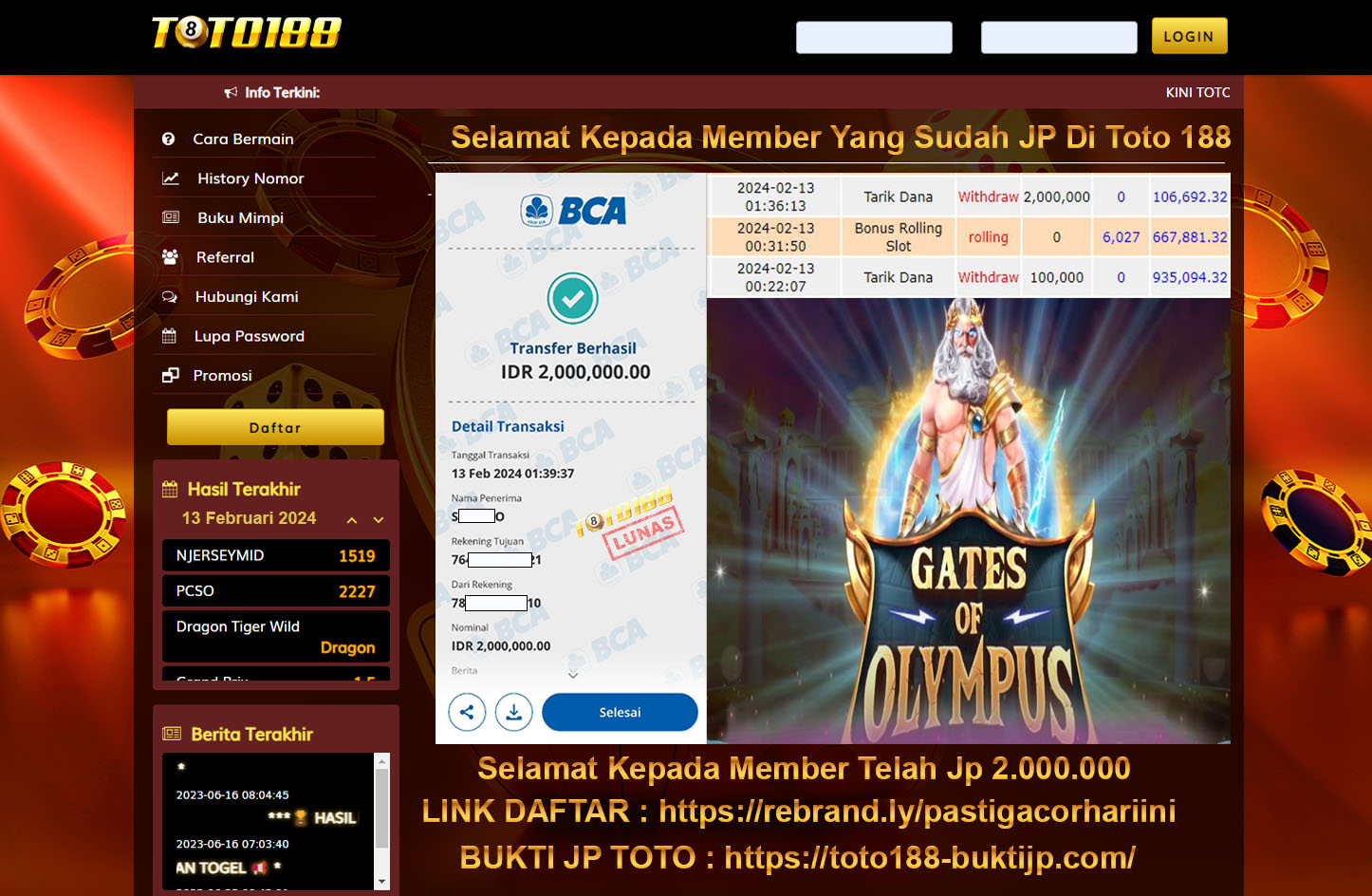 Bukti Jp Kemenangan Toto188 Gates Of Olympus 13 Februari 2024
