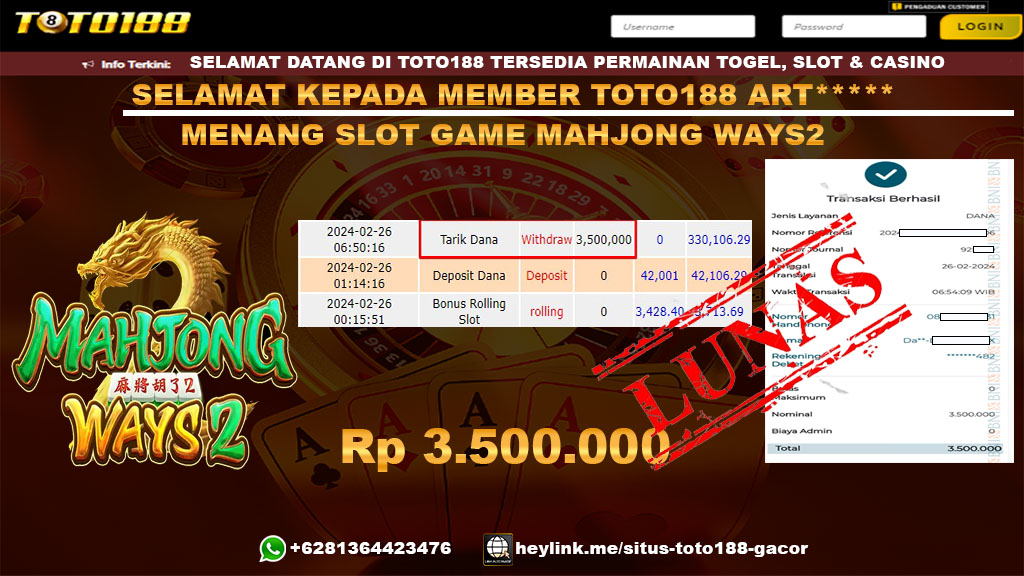 Bukti Jp Kemenangan Toto188 26 Februari 2024
