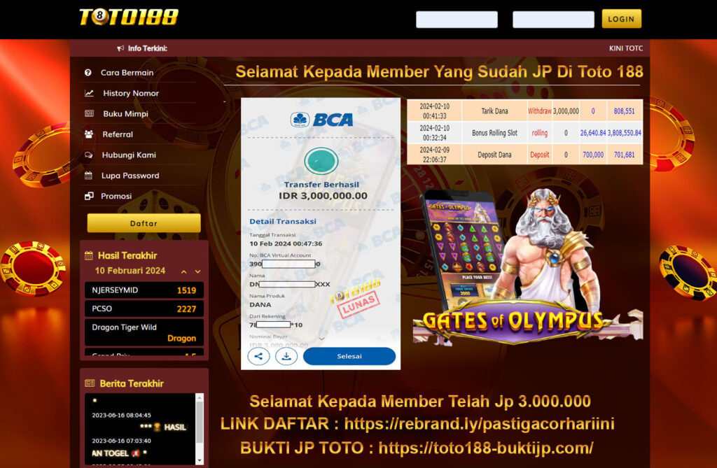 Bukti Jp Kemenangan Toto188 Gates Of Olympus 10 Feb 24