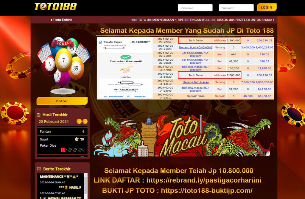 Bukti Jp Kemenangan Toto188 Toto Macau 20 Februari 2024