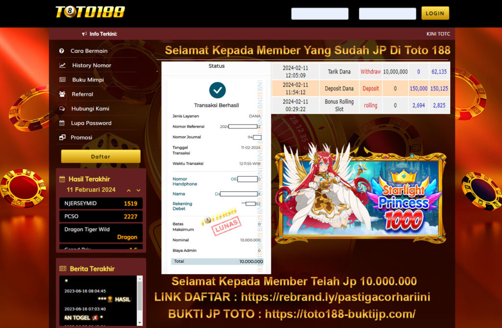 Bukti Jp Kemenangan Toto188 11 Februari 2024 Starlight Princess