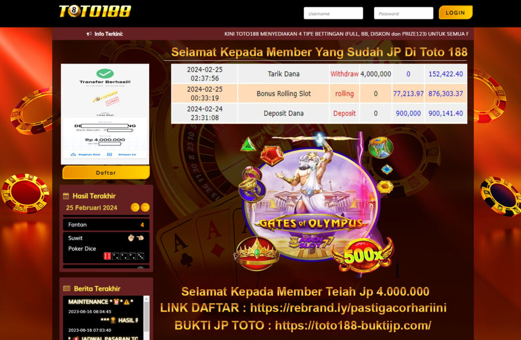 Bukti Jp Kemenangan Gates Of Olympus Toto188 25 Februari 2024