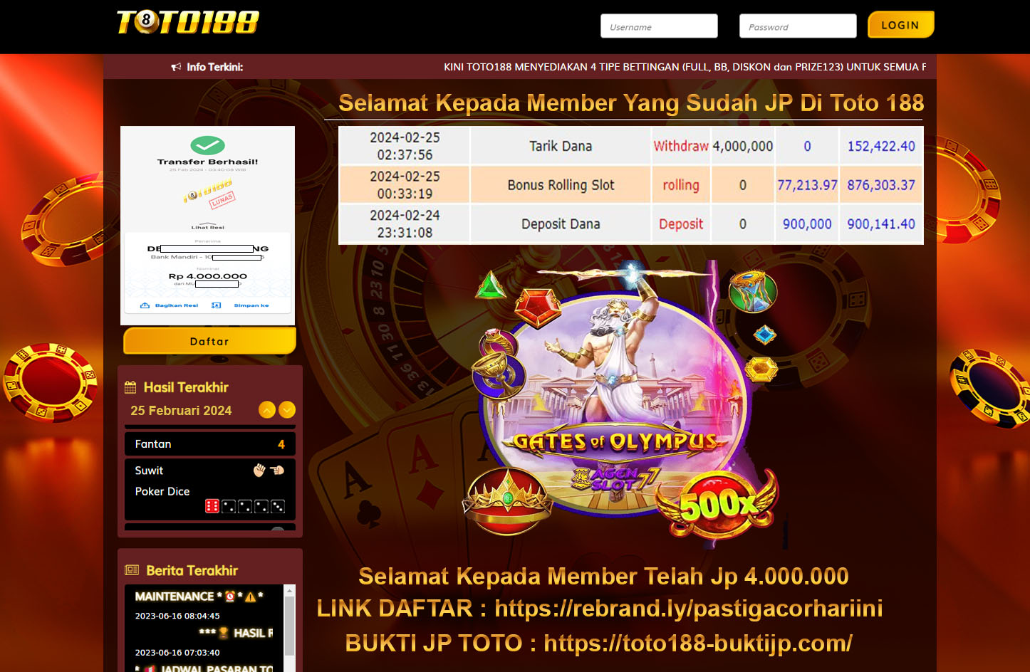 Bukti Jp Kemenangan Gates Of Olympus Toto188 25 Februari 2024