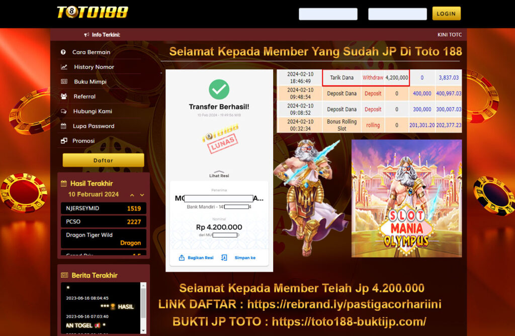 Bukti Jp Kemenangan Toto188 Slot Mania Olympus 10 Februari 2024