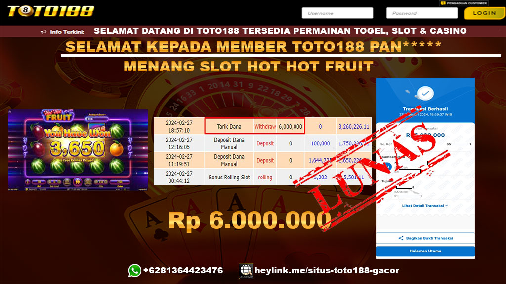 Bukti Jp Kemenangan Toto188 Hot Hot Fruit 27 Februari 2024