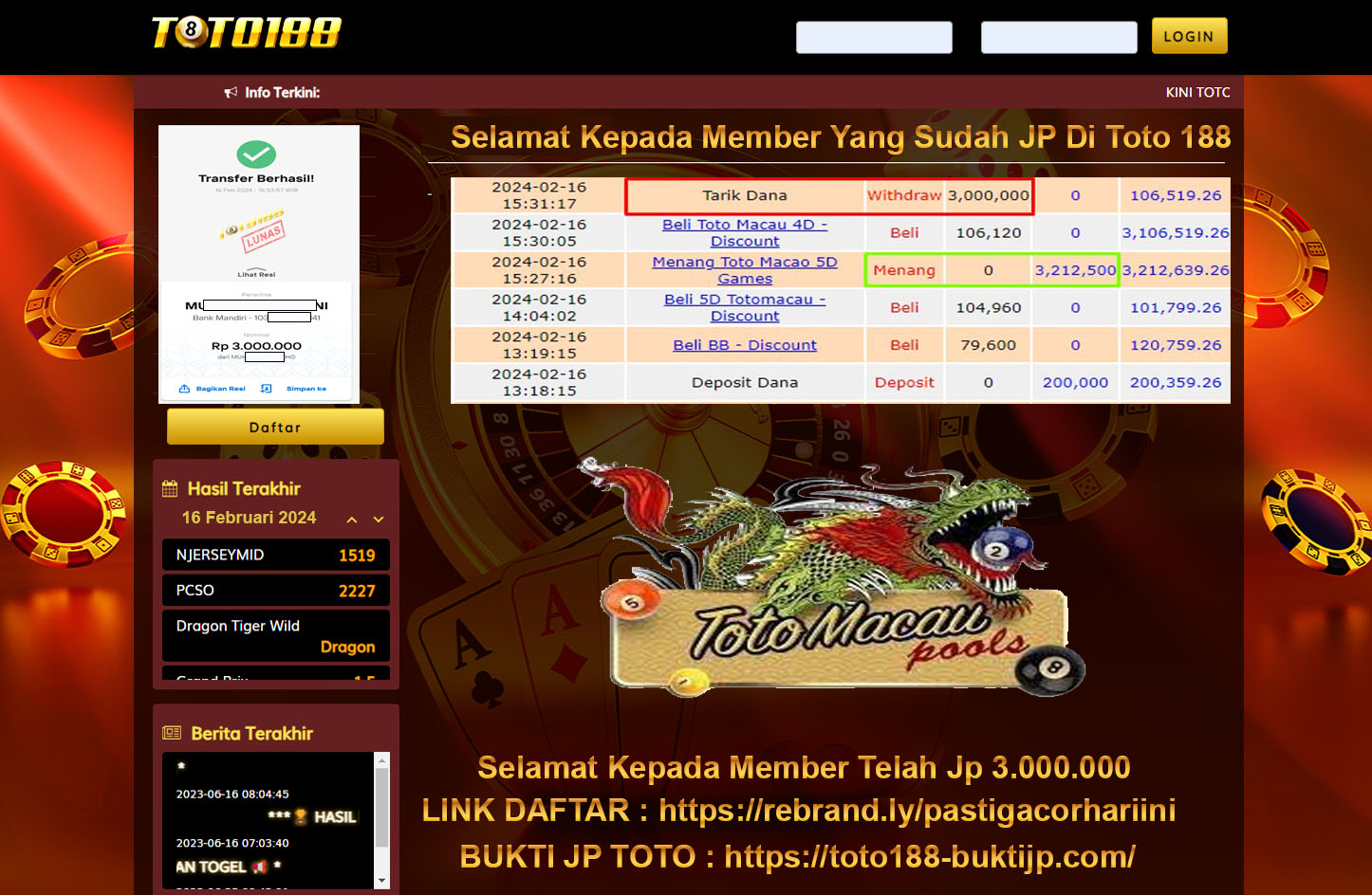 Bukti Jp Kemenangan Toto188 Toto Macau 16 Februari 2024
