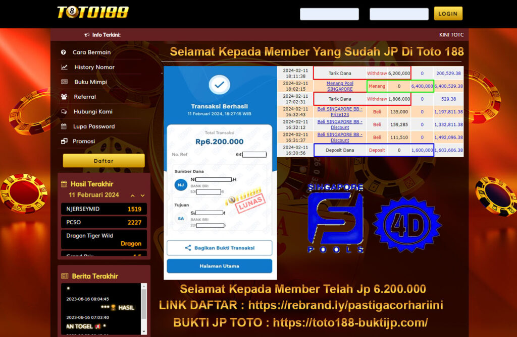 Bukti Jp Kemenangan Toto188 Singapore Pools 11 Februari 2024