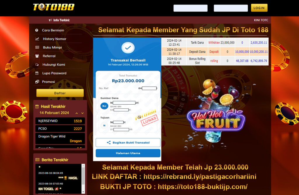 Bukti Jp Toto188 Hot Hot Fruit 14 Februari 2024