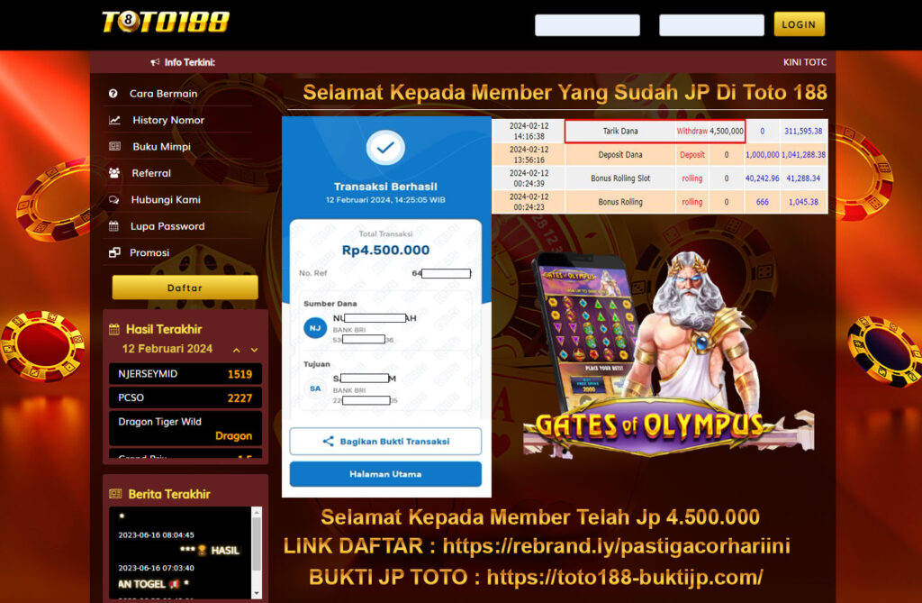 Bukti Jp Kemenangan Toto188 Gates Of Olympus 12Februari2024