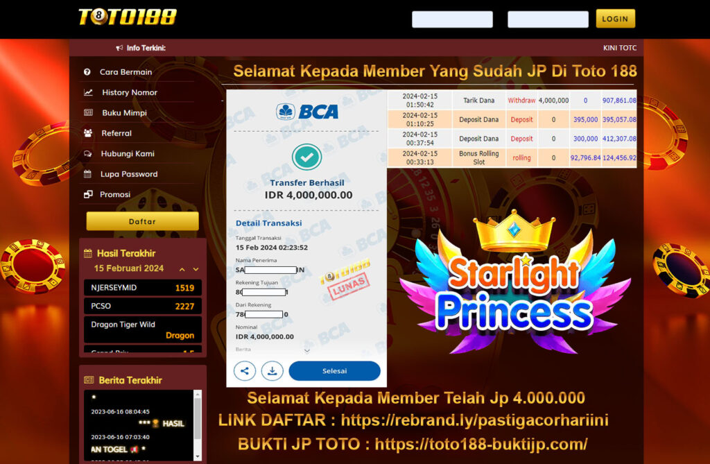 Bukti Jp Kemenangan Toto188 starlight princess 15 Februari 2024