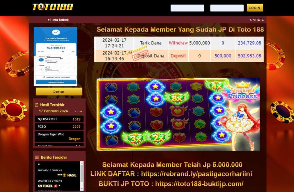 Bukti Jp Kemenangan Toto188 Starlight Princess 17 Februari 2024