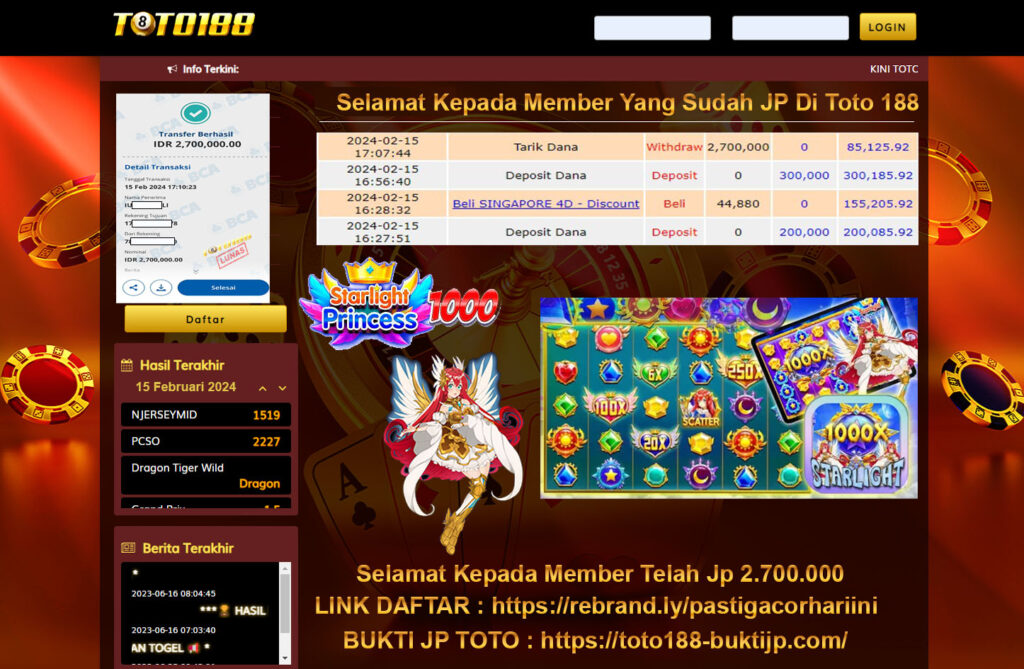 Bukti Jp Kemenangan Toto188 Starlight Princess 1000 15 Februari 2024
