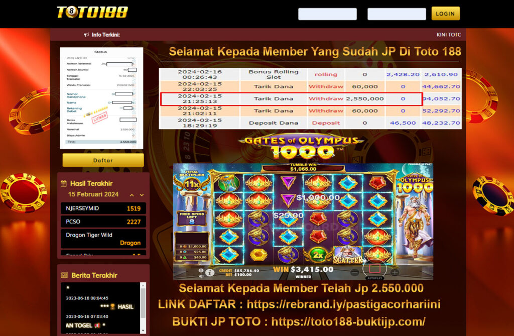 Bukti Jp Kemenangan Toto188 Gates oF oLYMPUS 1000 15 Februari 2024