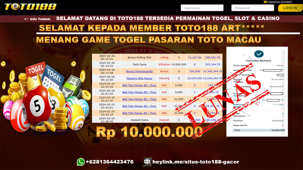 Bukti Jp Kemenangan Toto188 26 Februari 2024