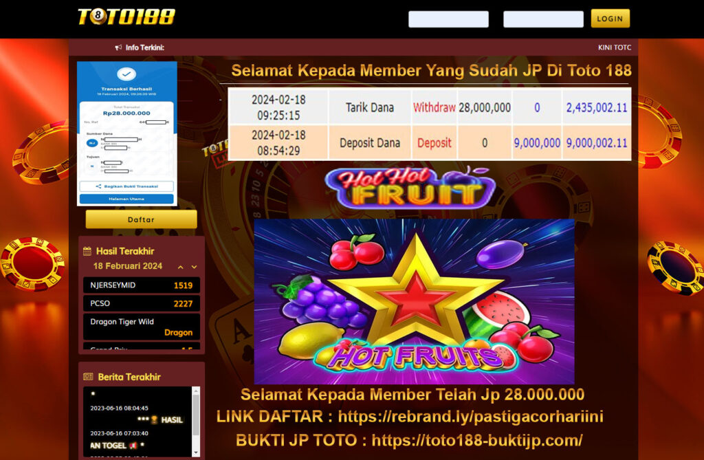Bukti Jp Kemenangan Toto188 Hot hot fruit 18 februari 2024