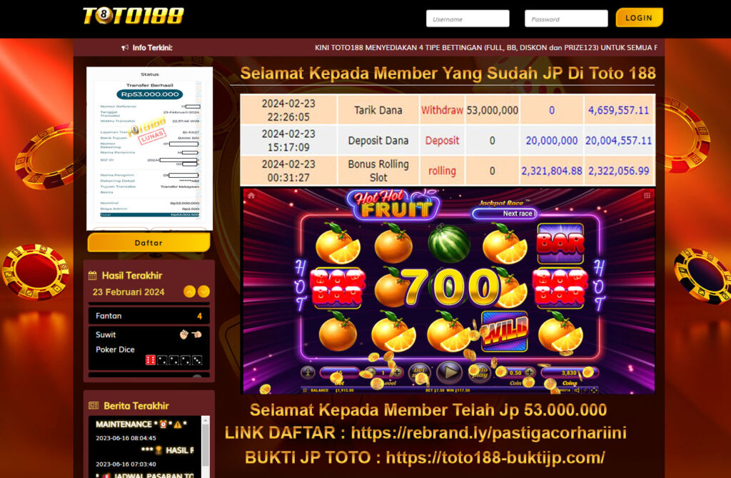 Bukti Jp Kemenangan Hot Hot Fruit Toto188 23 Februari 2024
