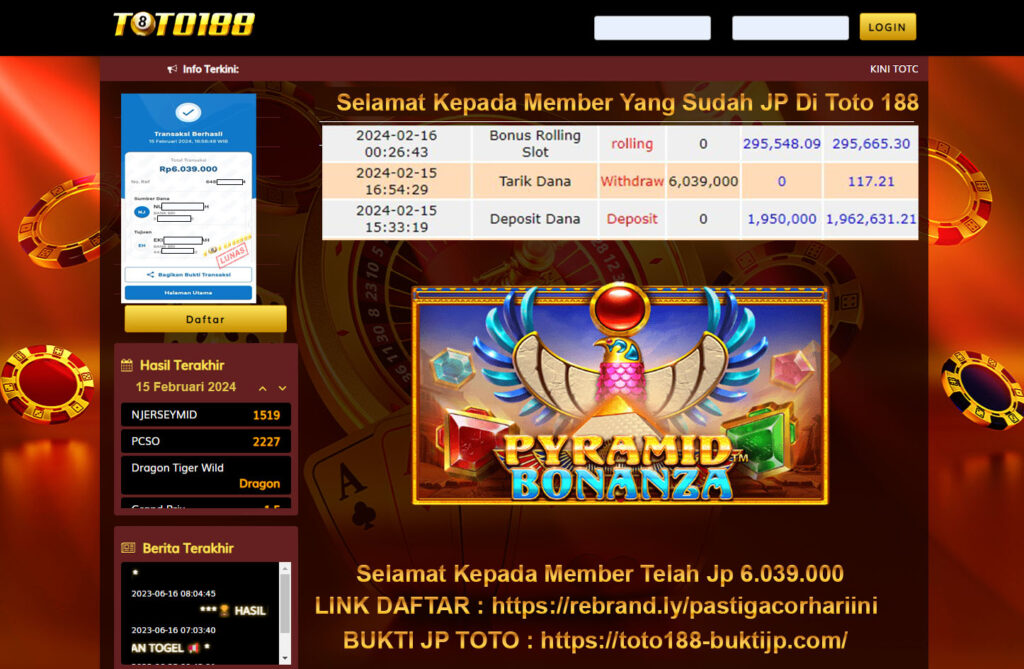 Bukti Jp Kemenangan Toto188 Pyramid Bonanza 15 Februari 2024
