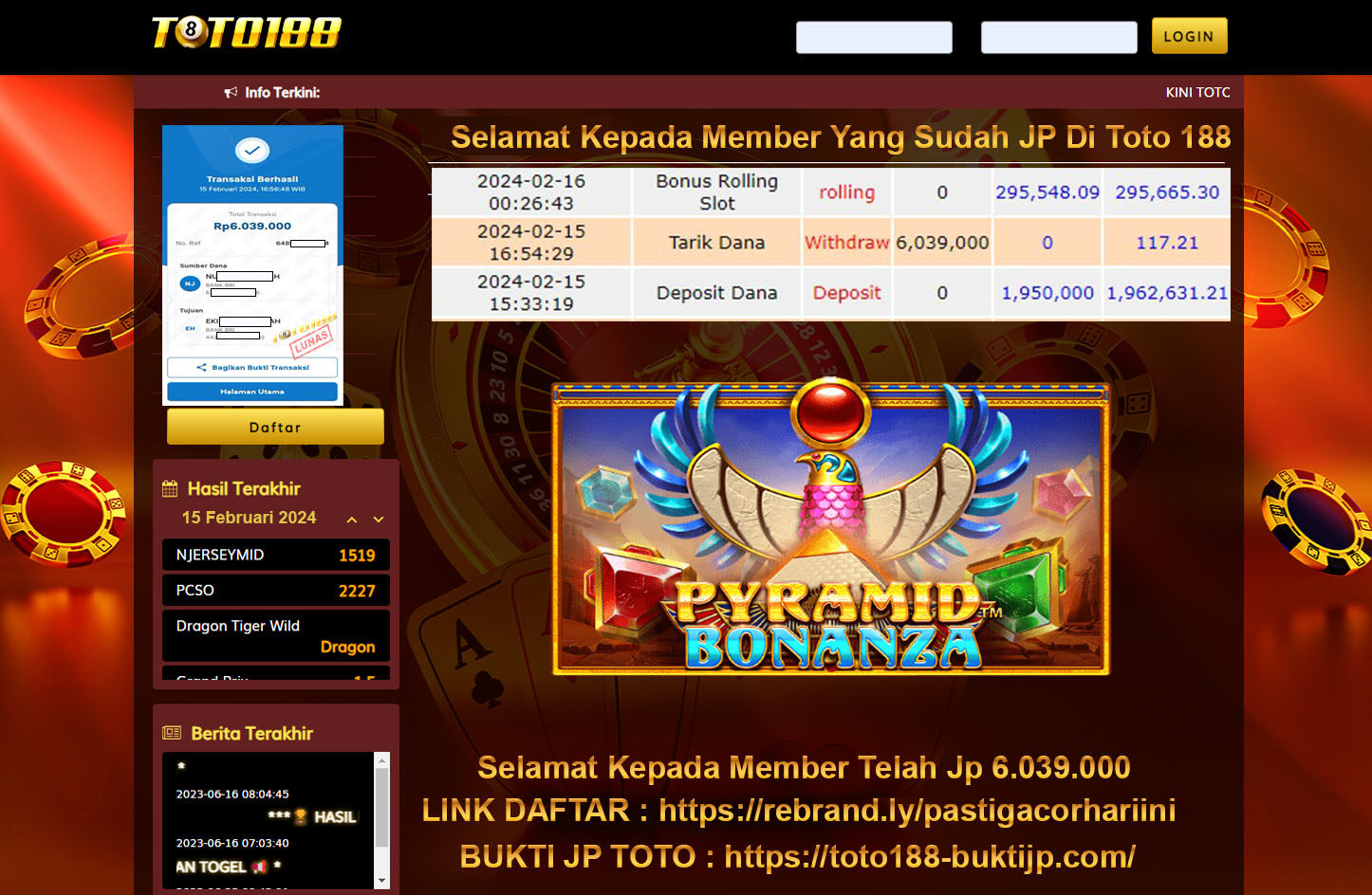 Bukti Jp Kemenangan Toto188 Pyramid Bonanza 15 Februari 2024