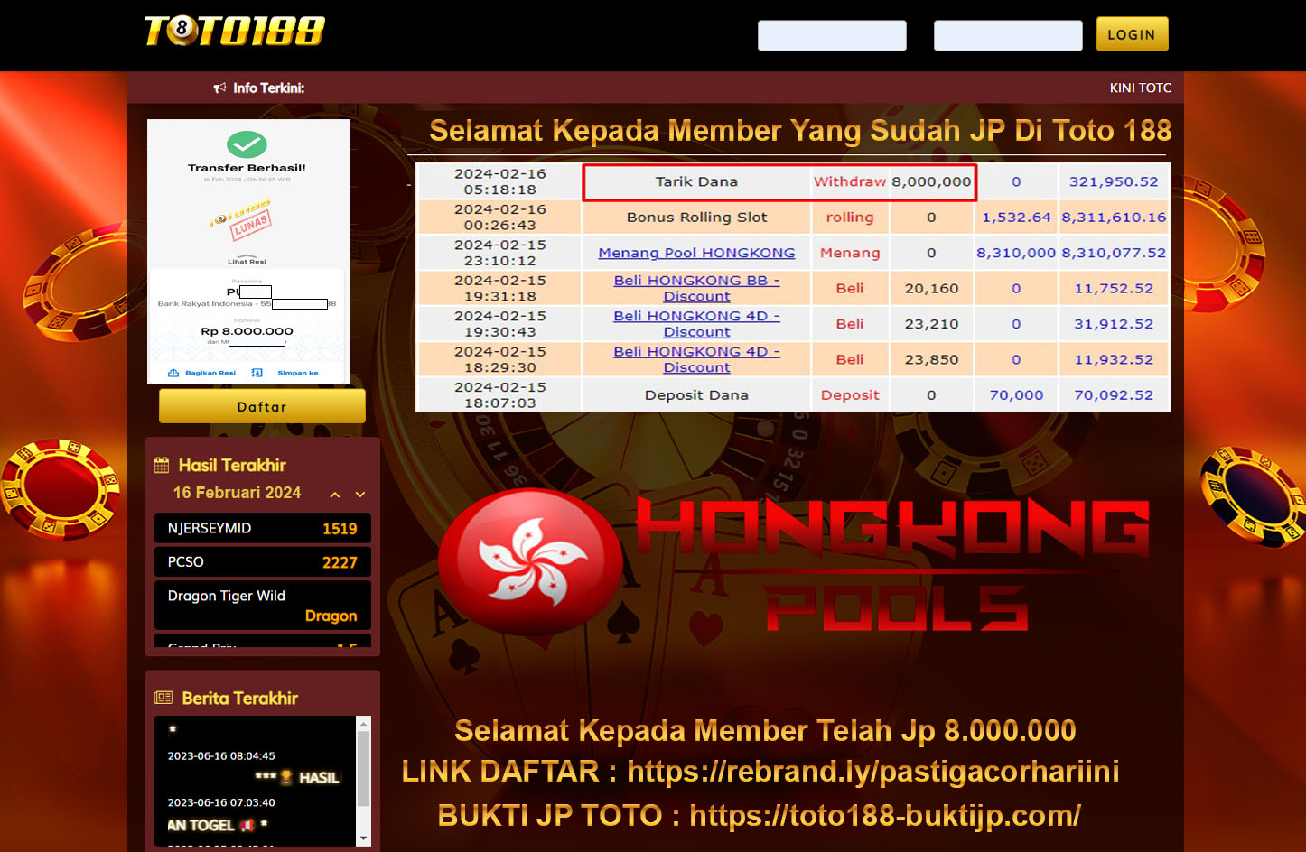 Bukti Jp Kemenangan Toto188 Hongkong Pools 16 Februari 2024