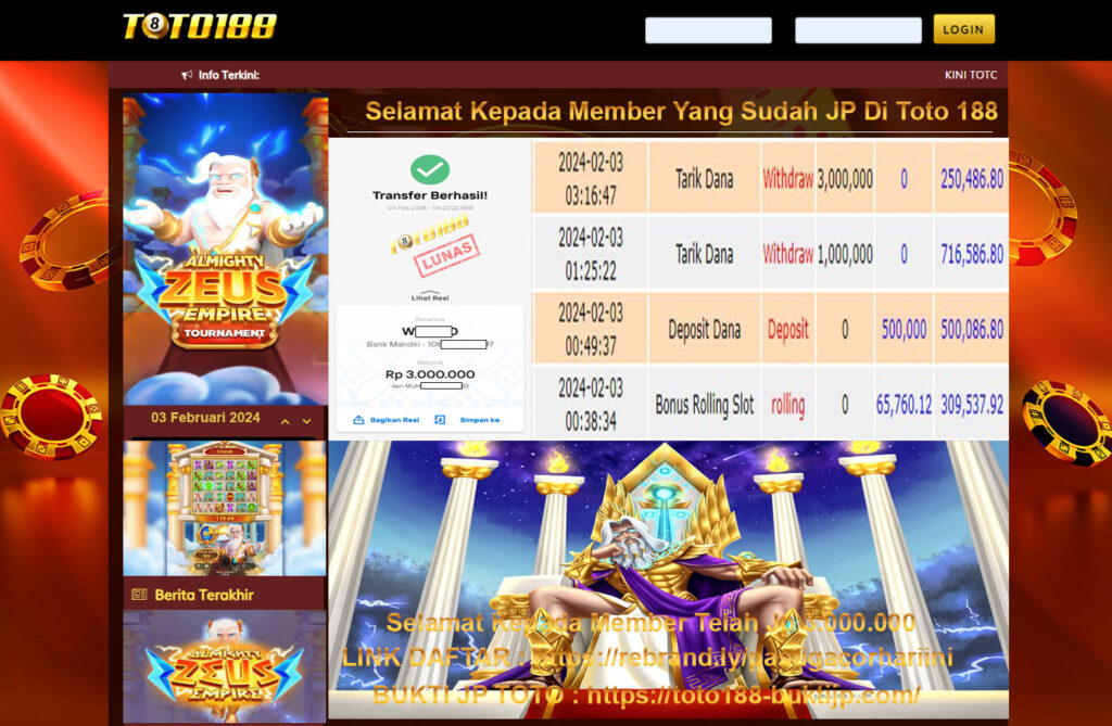 Bukti Jp Kemenangan Toto188 Almighty Zeus Empire 3februari2024