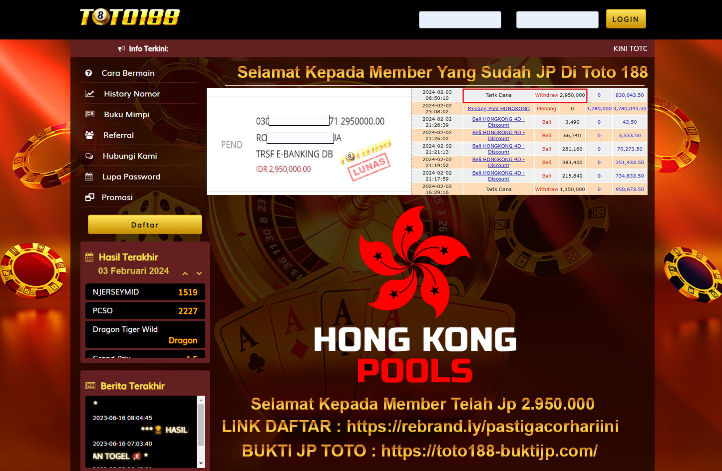 Bukti Jp Kemenangan Toto188 3 februari 2024