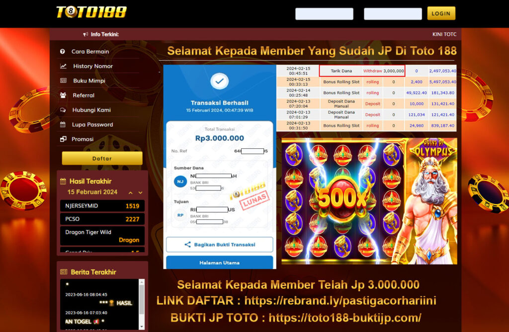 Bukti Jp Kemenangan Toto188 15 Februari 2024