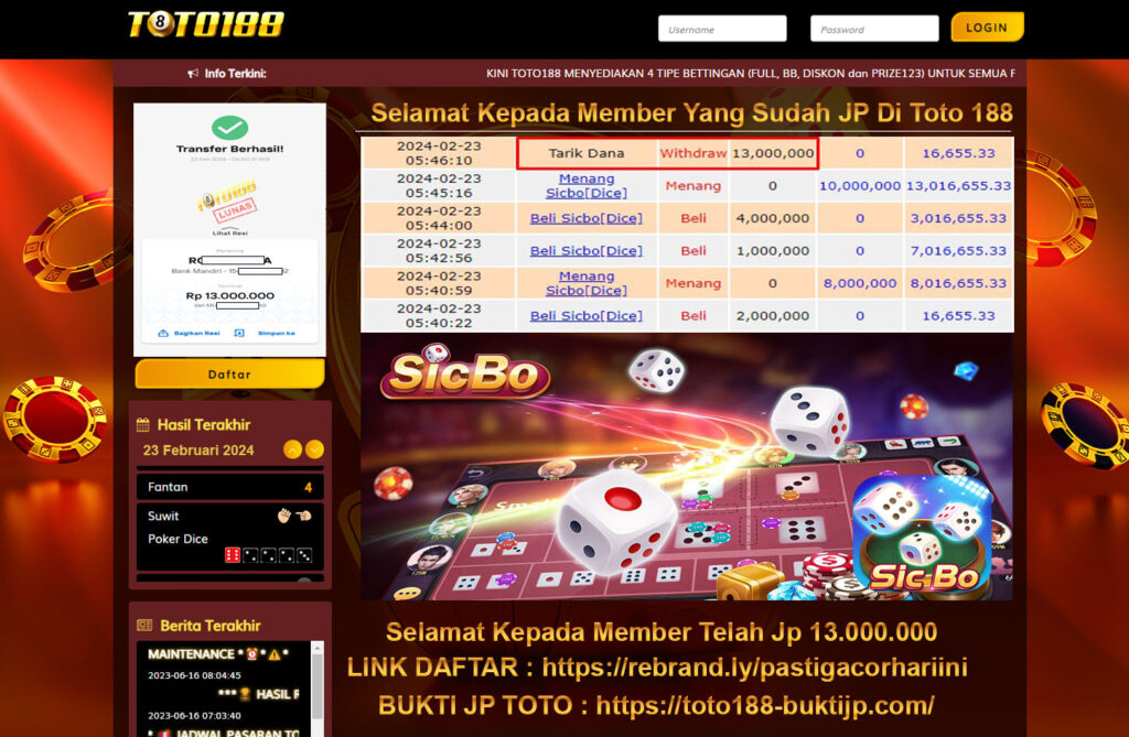 Bukti Jp Kemenangan Sicbo Dice Toto188 23 Februari 2024