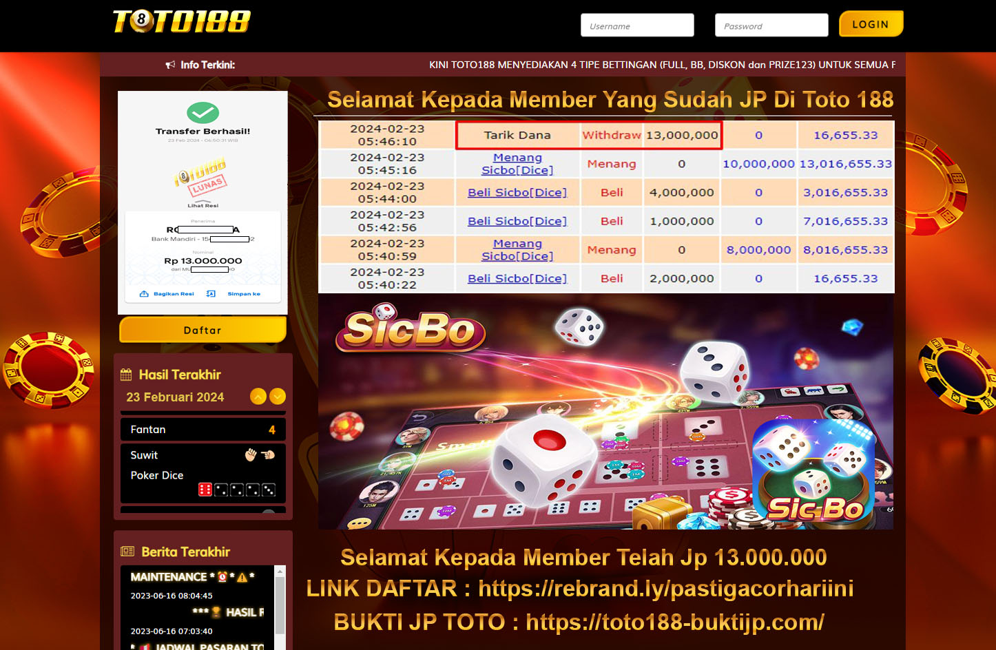 Bukti Jp Kemenangan Sicbo Dice Toto188 23 Februari 2024