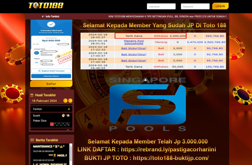 Bukti Jp Kemenangan Singapore Pools Toto188 18 Februari 2024
