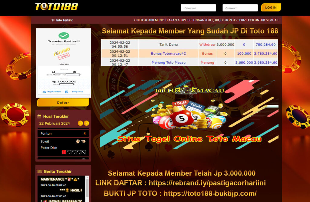 Bukti Jp Kemenangan Toto Macau Toto188 22 Februari 2024