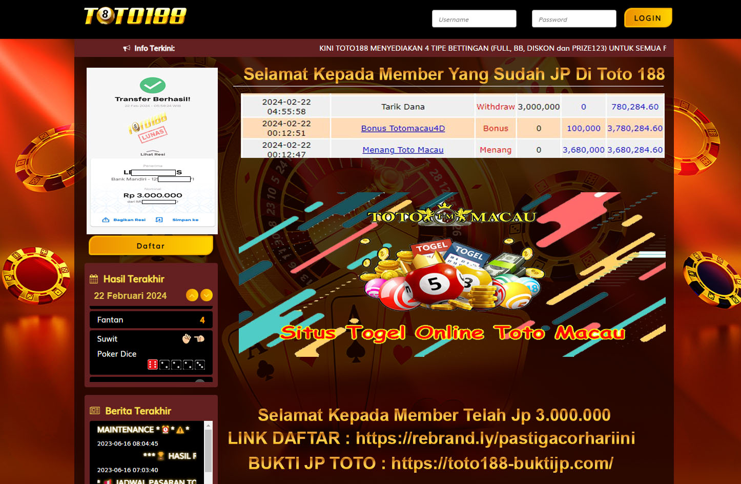 Bukti Jp Kemenangan Toto Macau Toto188 22 Februari 2024