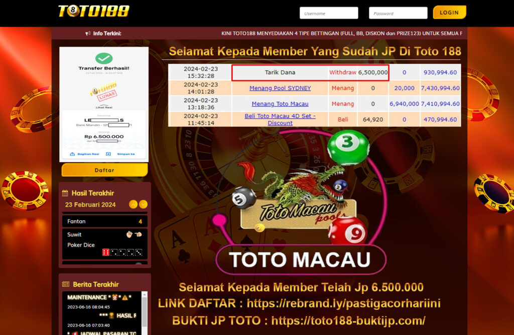 Bukti Jp Kemenangan Toto188 Toto Macau 23 Februari 2024