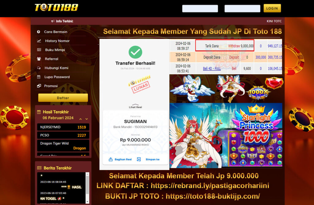 Bukti Jp Kemenangan Toto188 Starlight Princess 1000 6 Februari 2024
