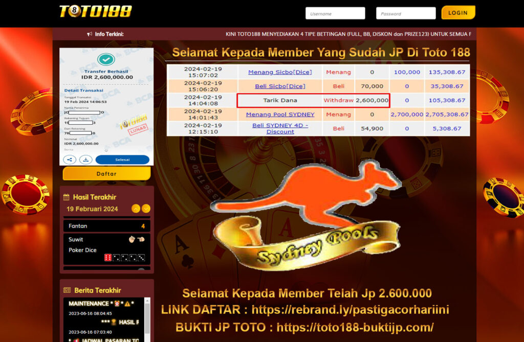 Bukti Jp Kemenangan Toto188 Sydney Pools 19 Februari 2024