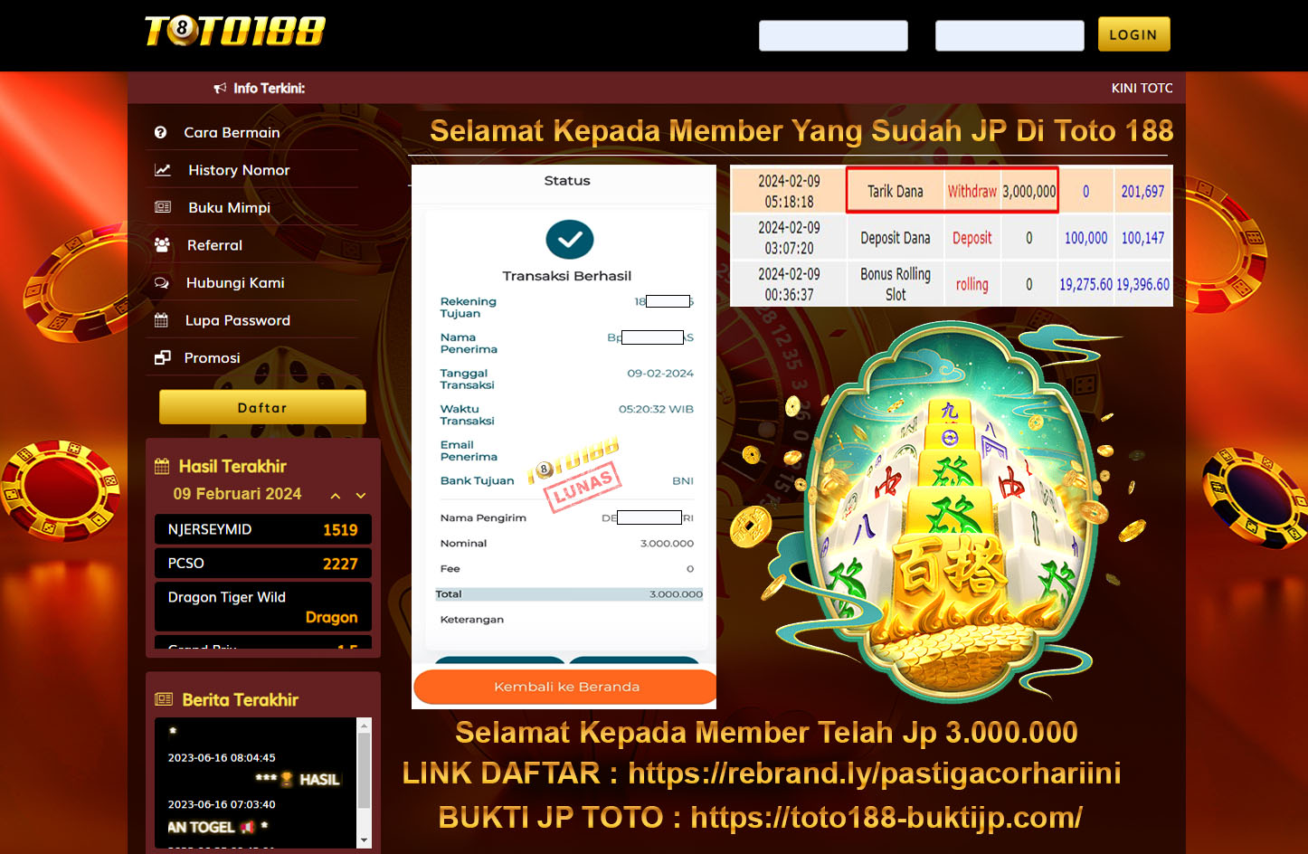 Bukti Jp Kemenangan Toto188 09 Februari 2024